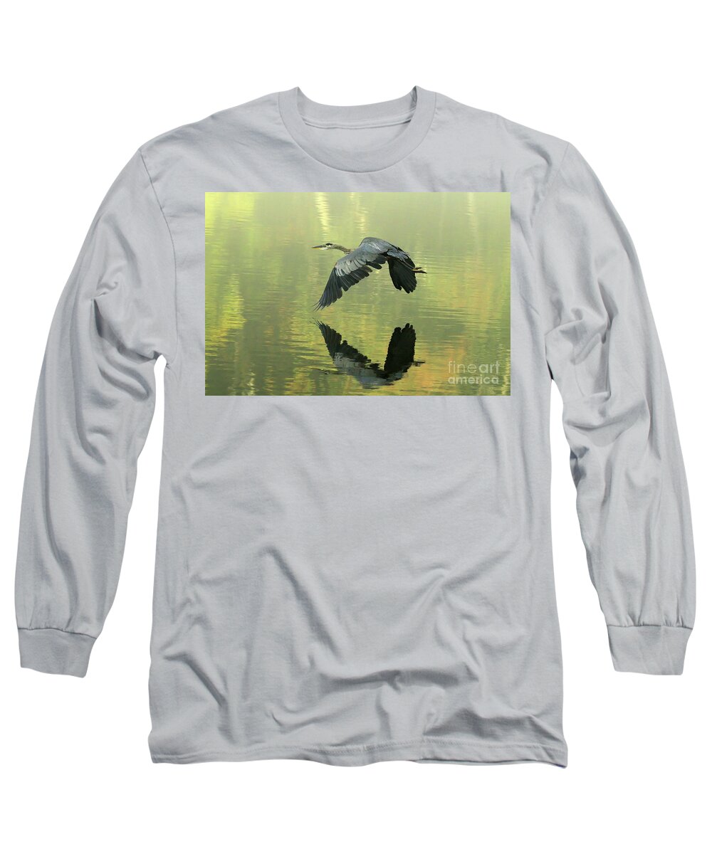 Blue Long Sleeve T-Shirt featuring the photograph Great Blue Fly-by by Douglas Stucky
