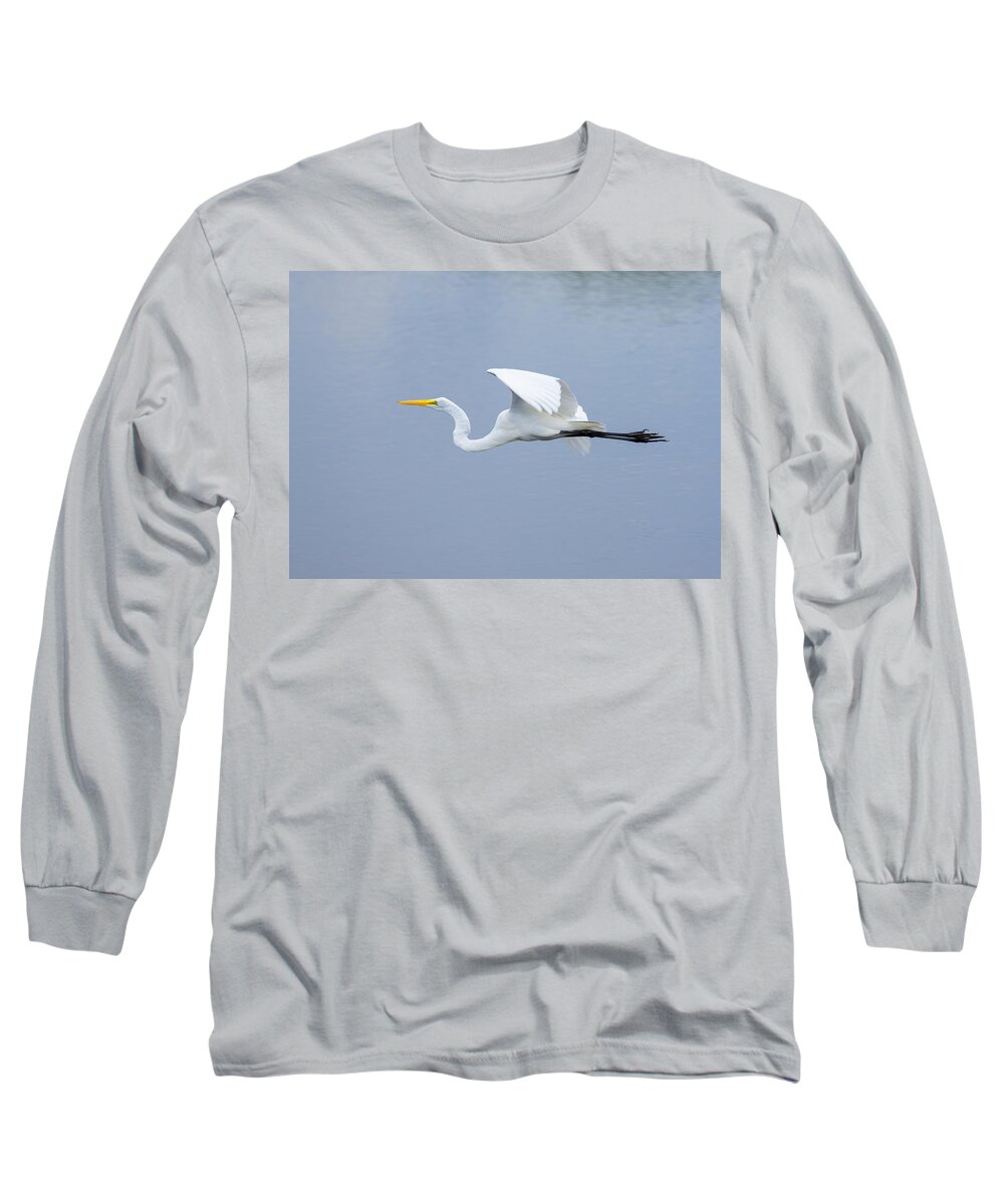 Adult Long Sleeve T-Shirt featuring the photograph Great Egret in Flight by John M Bailey