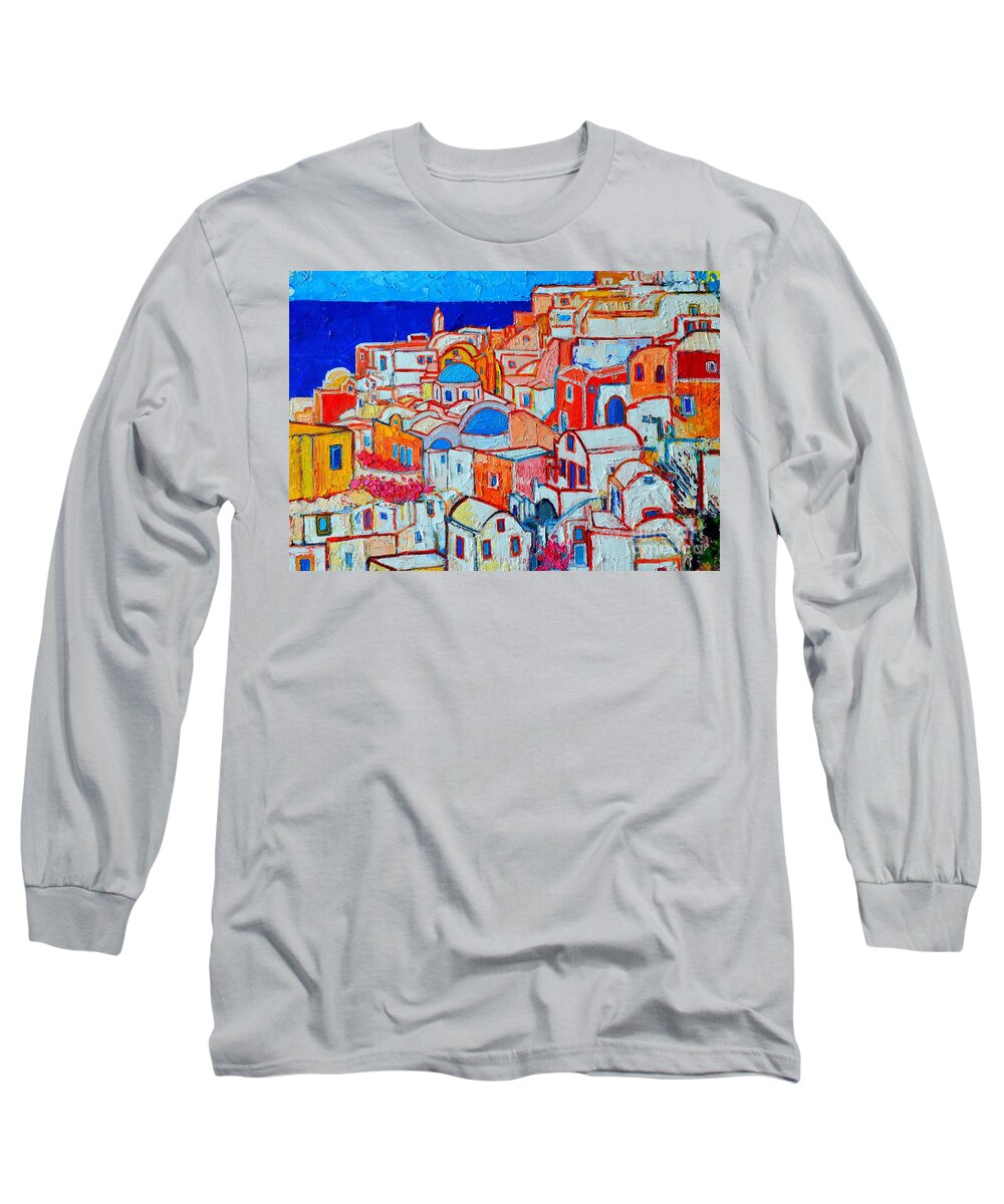 Santorini Long Sleeve T-Shirt featuring the painting Greece - Santorini Island - Oia Colorful Geometric by Ana Maria Edulescu