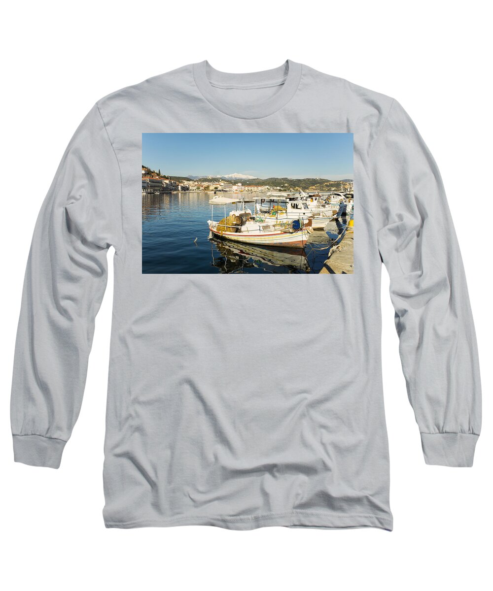 Sea Long Sleeve T-Shirt featuring the photograph Gytheion harbour by Mike Santis