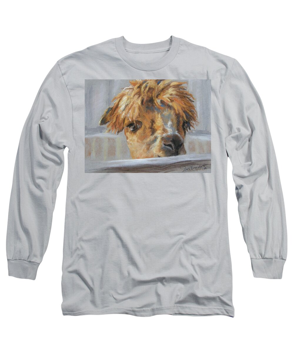 Baby Camel Long Sleeve T-Shirt featuring the drawing Hello by Lori Brackett