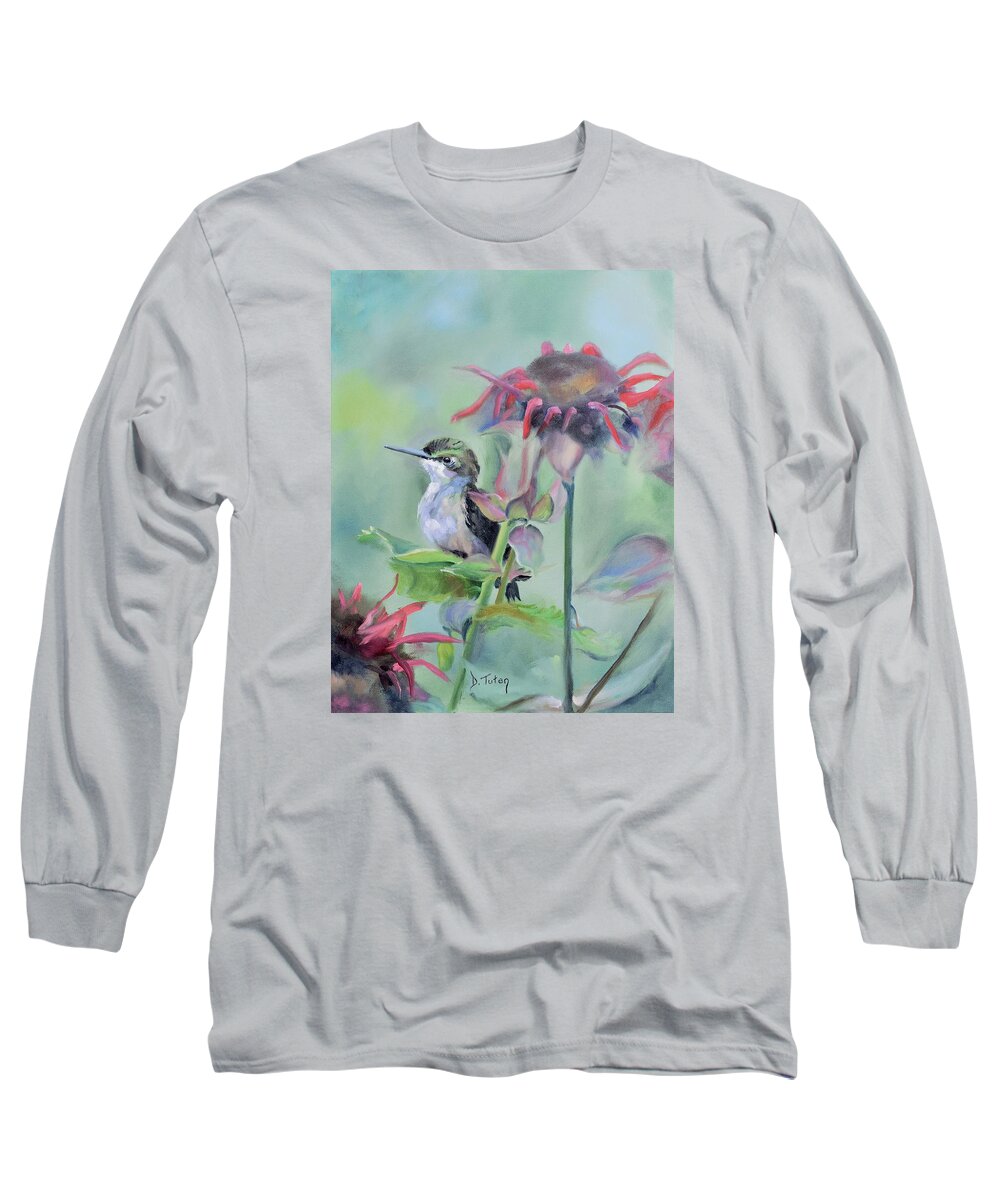 Hummingbird Long Sleeve T-Shirt featuring the painting Hummingbird and Coneflowers by Donna Tuten