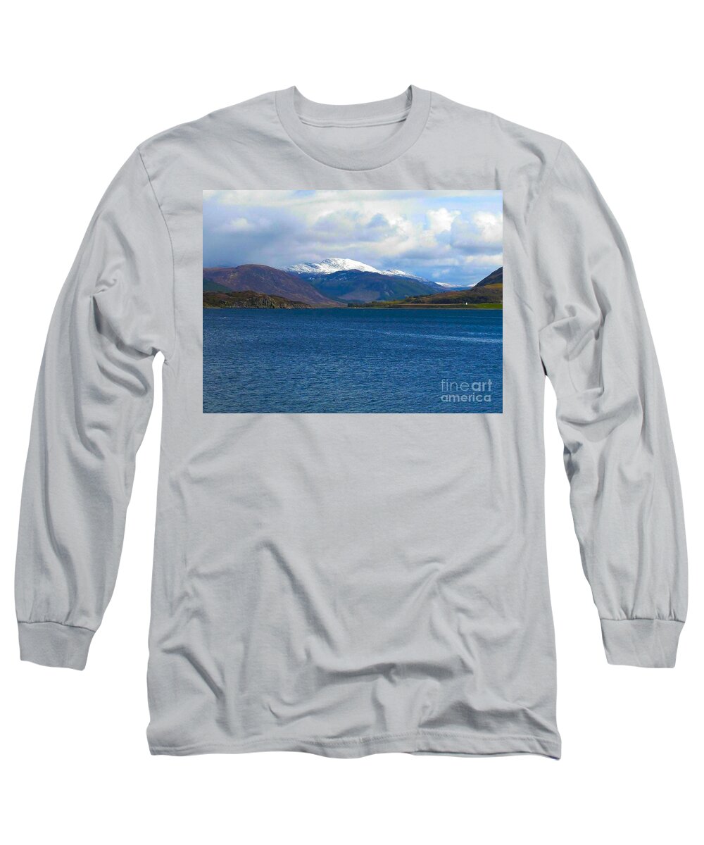 Iced Capped Mountains Long Sleeve T-Shirt featuring the photograph Ice Capped Mountains at Ullapool by Joan-Violet Stretch