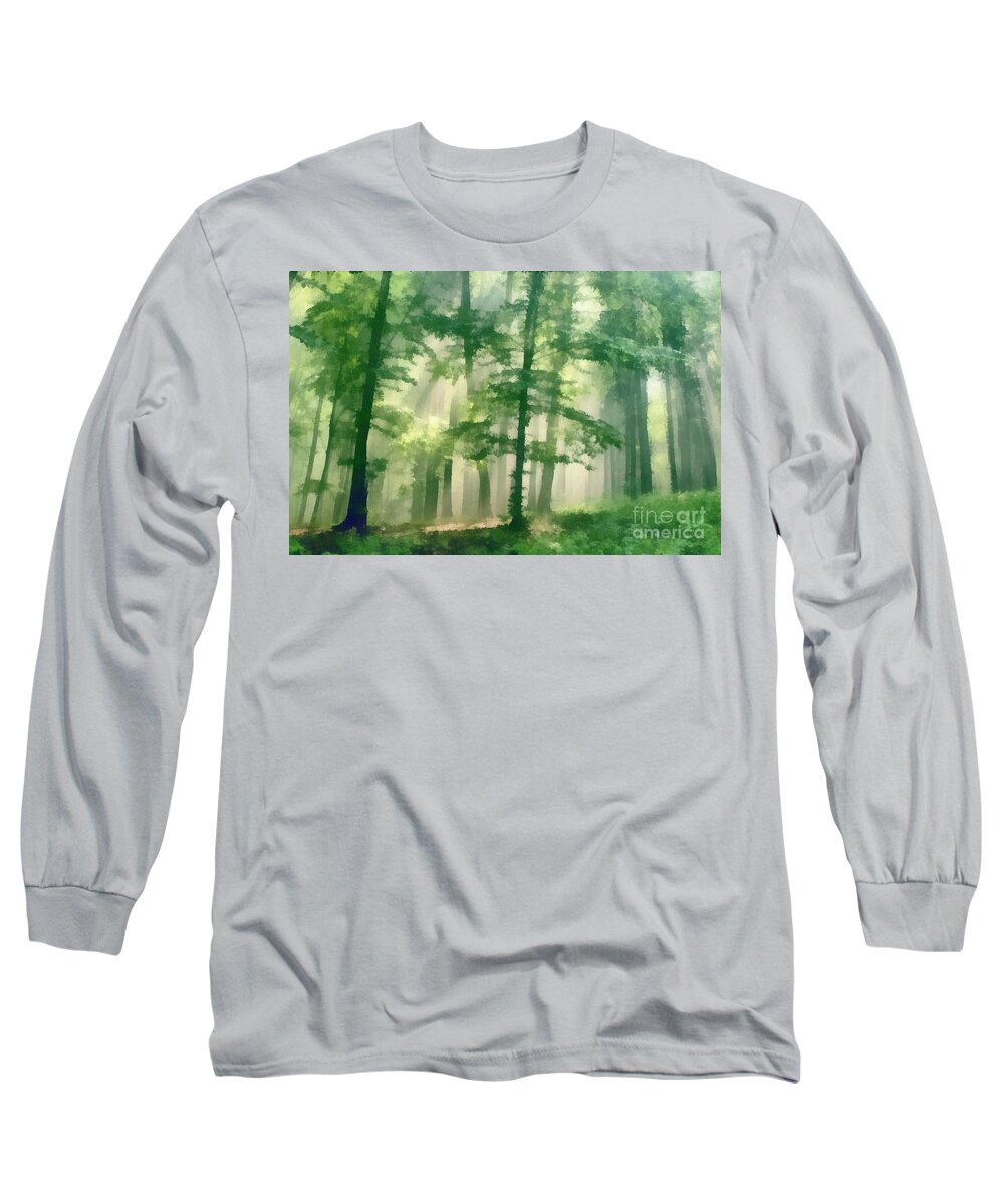 Abundant Long Sleeve T-Shirt featuring the painting In forest by Odon Czintos