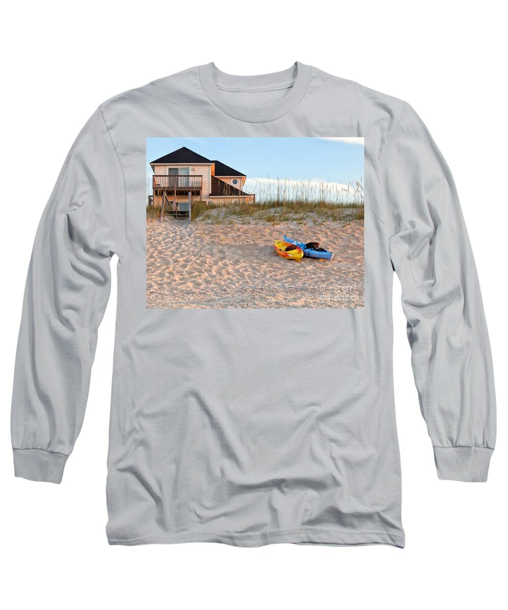 Active Long Sleeve T-Shirt featuring the photograph Kayaks Rest On Sand Dune In Morning Sun. by Jo Ann Tomaselli