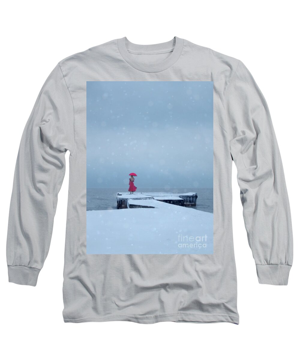 Lady Long Sleeve T-Shirt featuring the photograph Lady in Red on Snowy Pier by Jill Battaglia