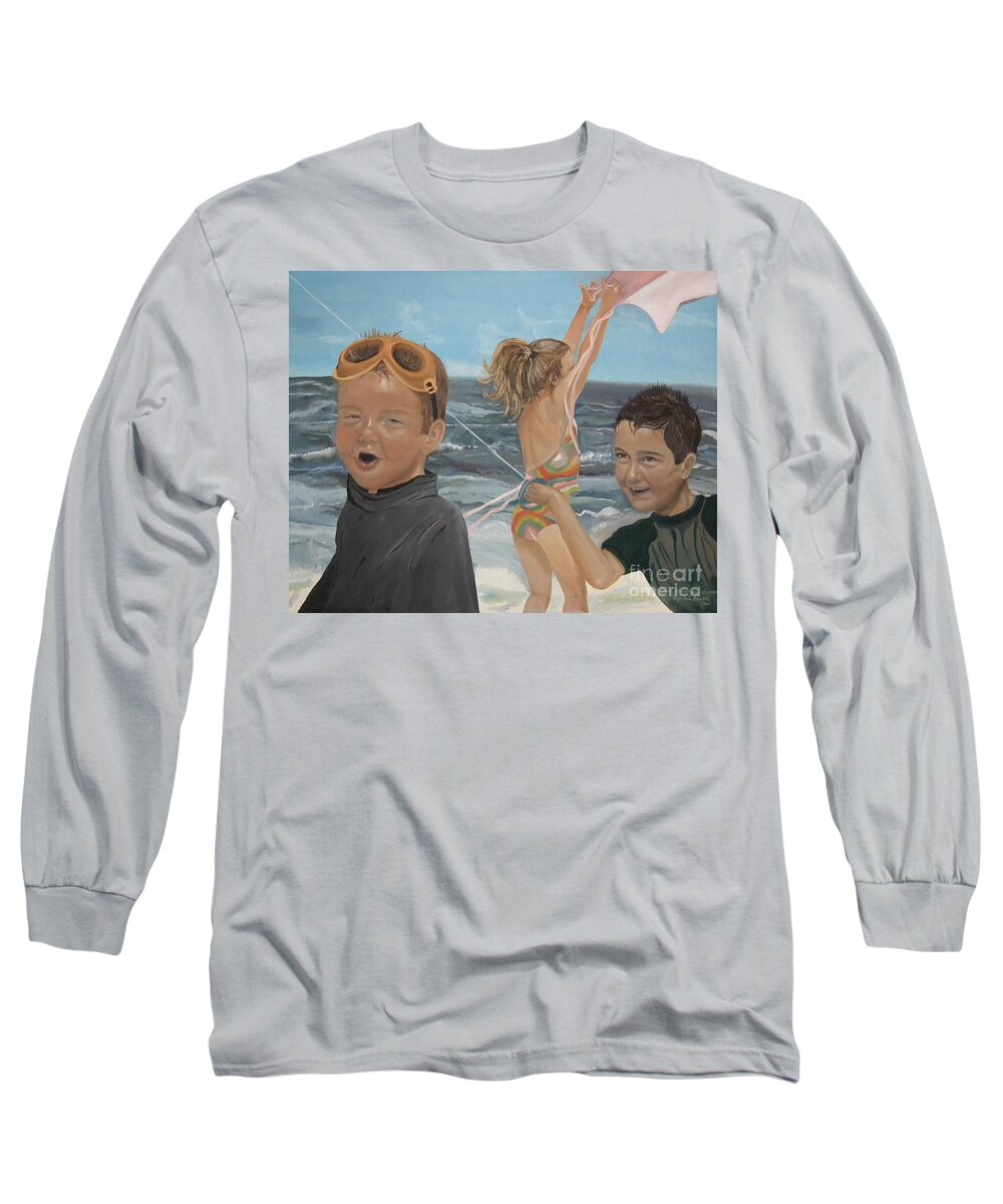 Portrait Long Sleeve T-Shirt featuring the painting Beach - Children playing - kite by Jan Dappen