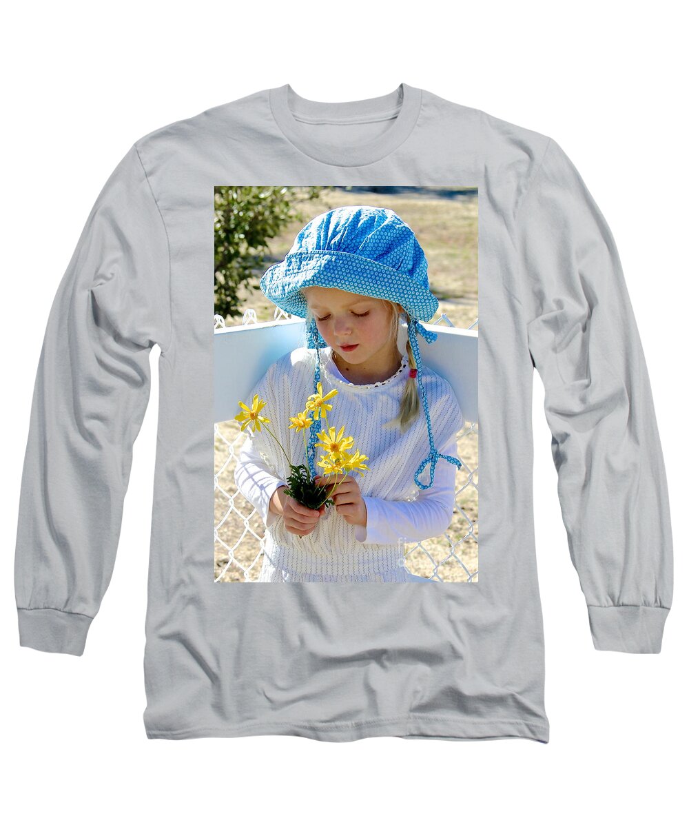  Little Girl With Bonnet In Garden Long Sleeve T-Shirt featuring the photograph Little Girl Blue by Suzanne Oesterling