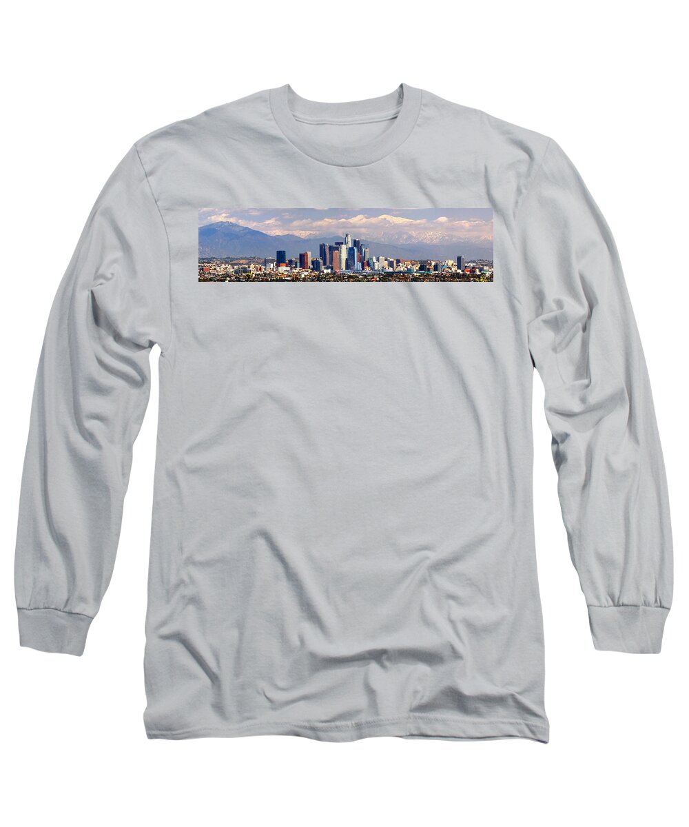 Los Angeles Skyline Long Sleeve T-Shirt featuring the photograph Los Angeles Skyline with Mountains in Background by Jon Holiday