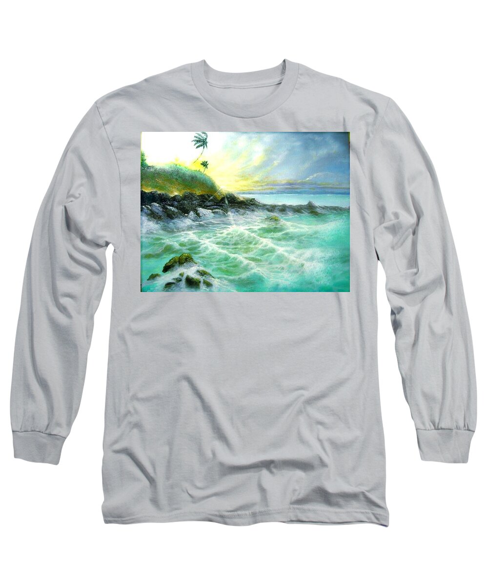 Maui Seasacape Hawaii Long Sleeve T-Shirt featuring the painting Maui Seascape Hawaii by Leland Castro