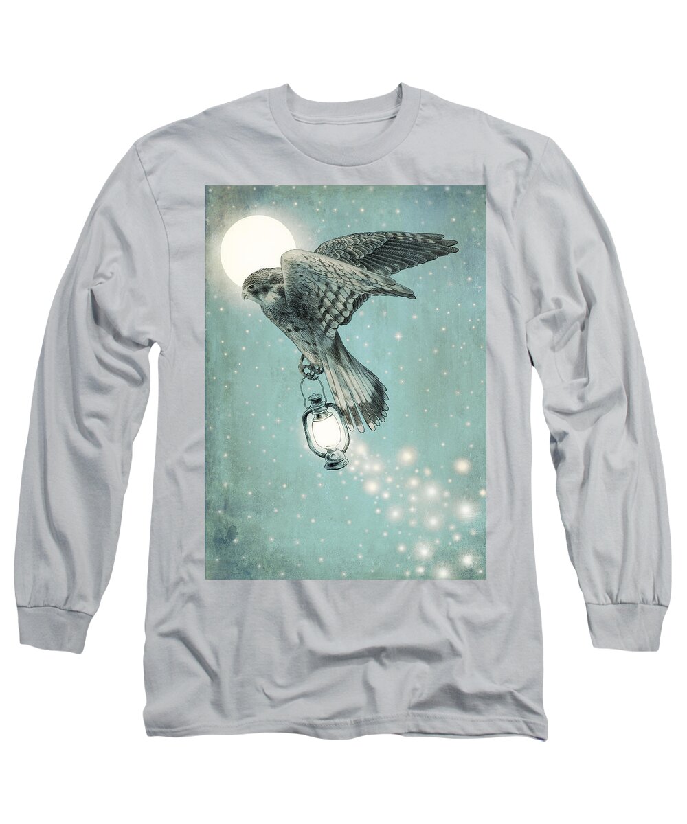 Hawk Long Sleeve T-Shirt featuring the drawing Nighthawk by Eric Fan
