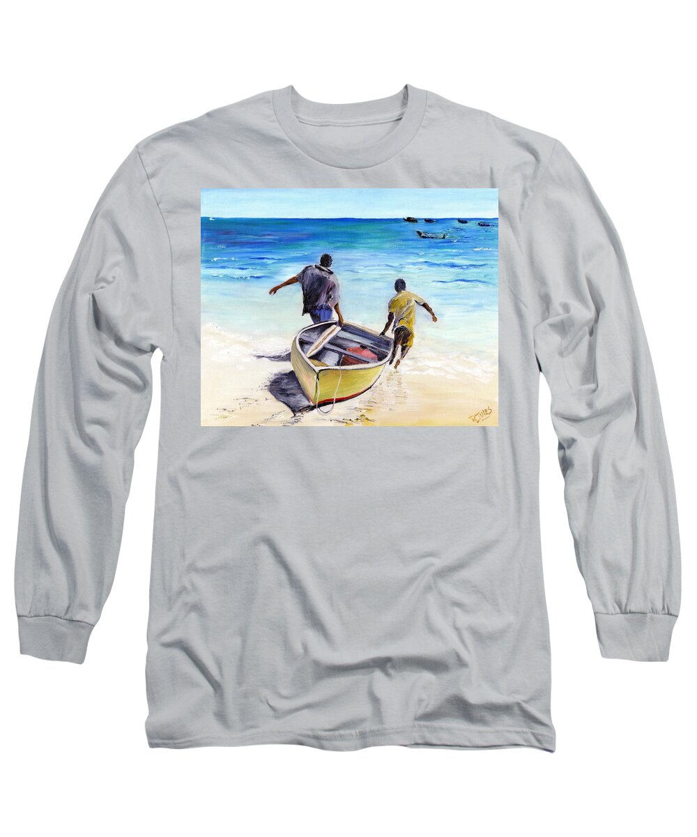 Barbados Long Sleeve T-Shirt featuring the painting Out To Sea by Richard Jules