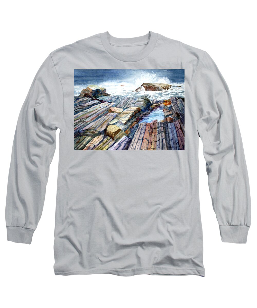 Maine Long Sleeve T-Shirt featuring the painting Pemaquid Rocks by Roger Rockefeller