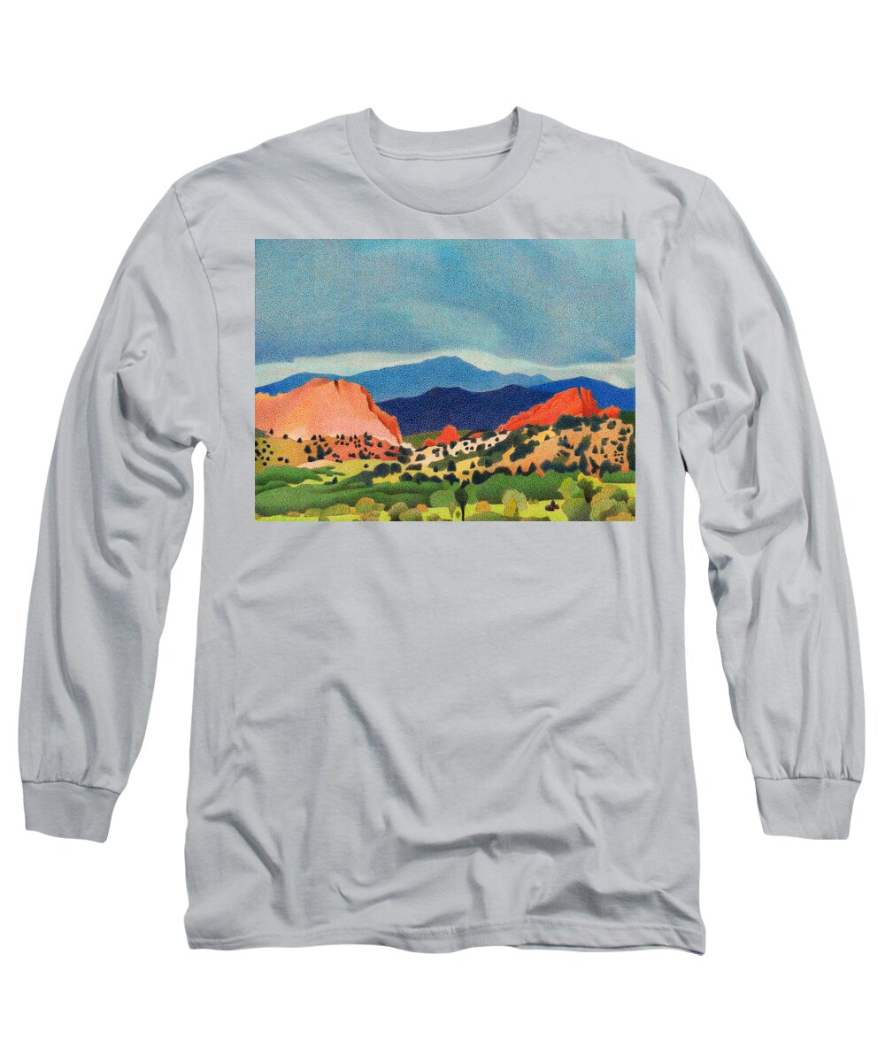 Mountains Long Sleeve T-Shirt featuring the drawing Garden of the Gods Pikes Peak by Dan Miller
