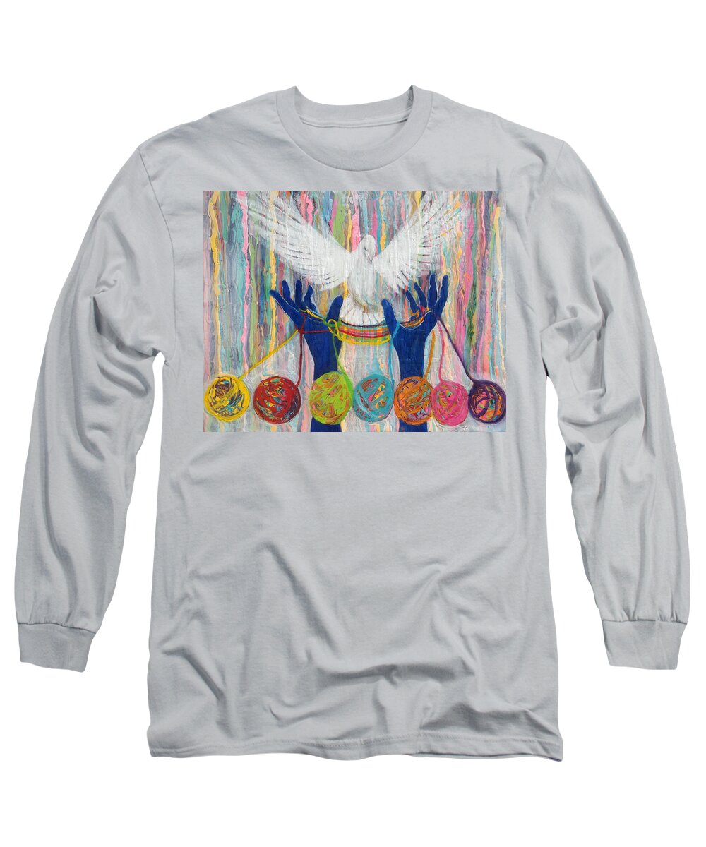 Prophetic Long Sleeve T-Shirt featuring the painting Prophetic Message Sketch 20 WHAT WOMAN WILL RISE UP  Yarn Hands Woven nest or bridge for Dove by Anne Cameron Cutri
