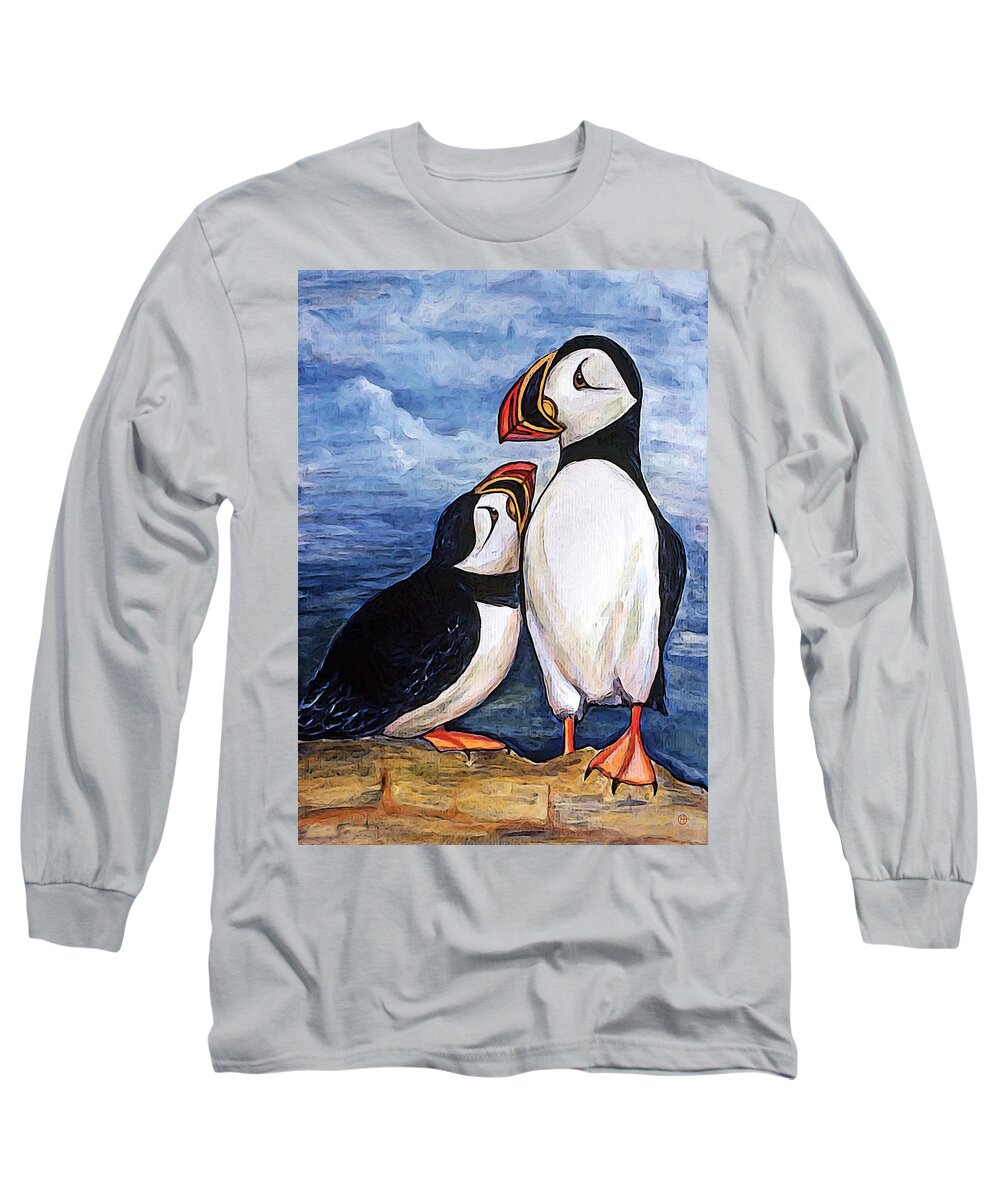 Puffins Long Sleeve T-Shirt featuring the digital art Puffin Friends by Gary Olsen-Hasek