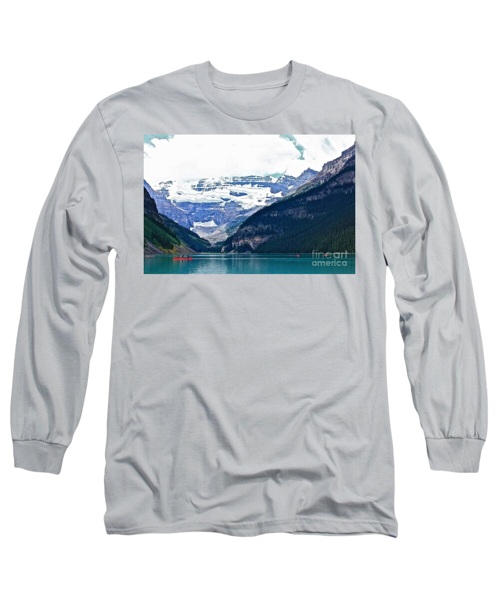 Lake Louise Alberta Red Long Sleeve T-Shirt featuring the photograph Red Canoes Turquoise Water by Linda Bianic