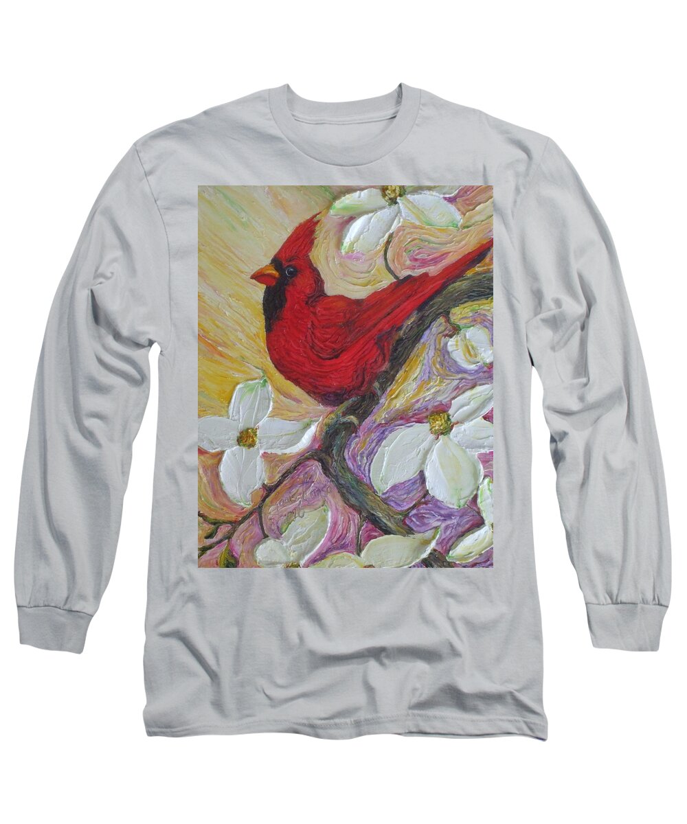 Dogwood Long Sleeve T-Shirt featuring the painting Red Cardinal and White Dogwood Flowers by Paris Wyatt Llanso