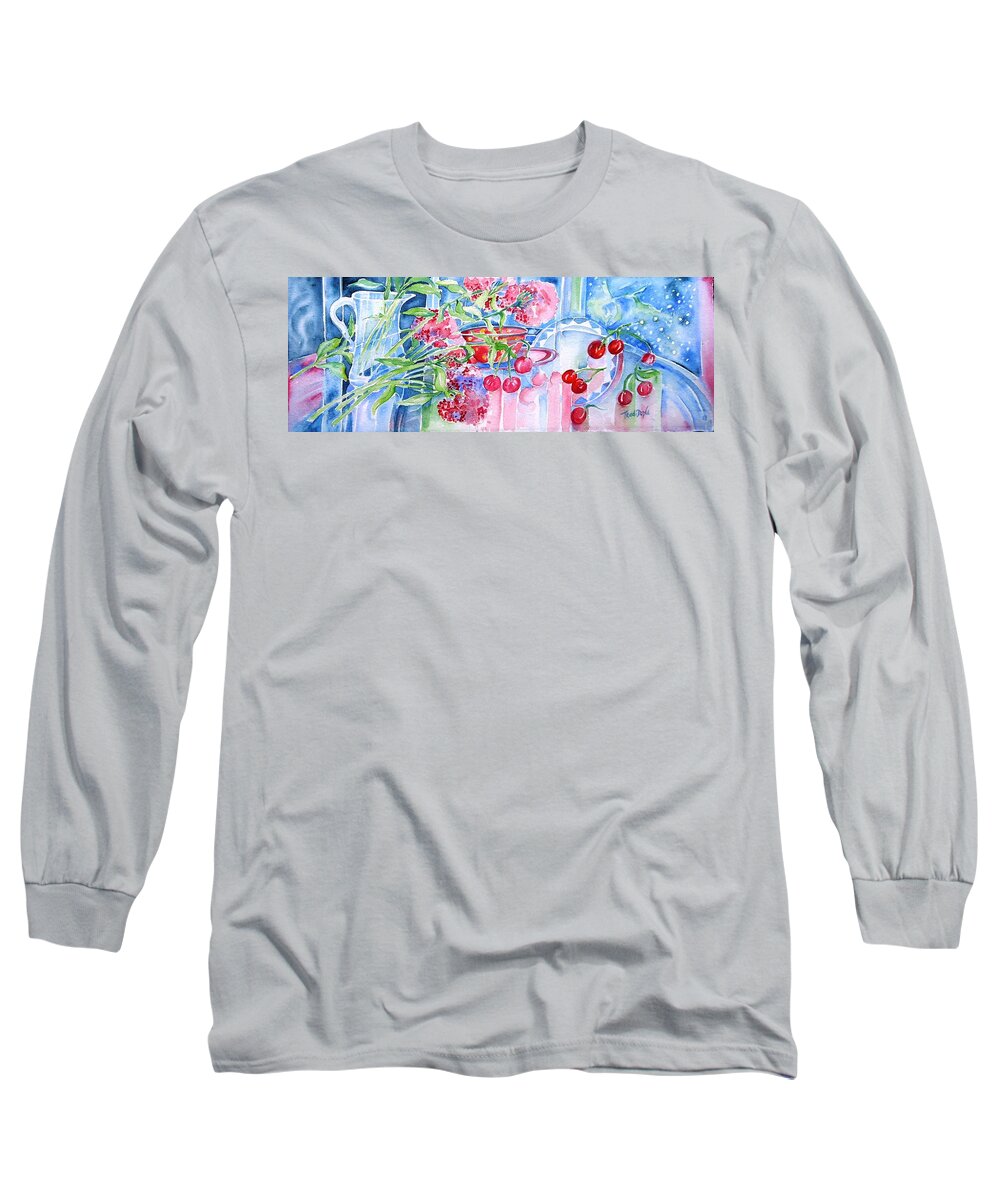 Red Cherries Long Sleeve T-Shirt featuring the painting Red Cherries and Sweet William by Trudi Doyle
