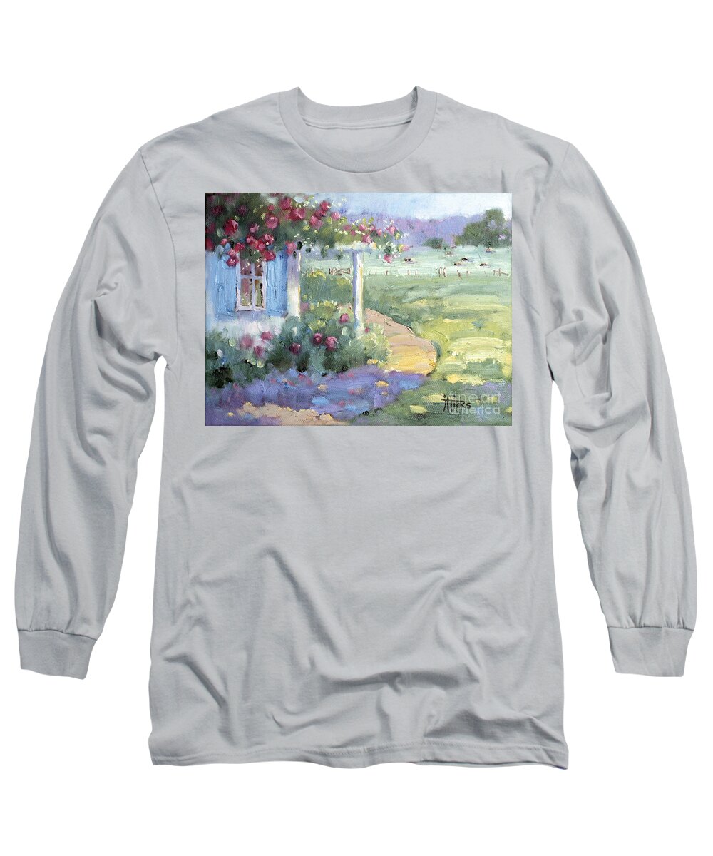 Impressionist Long Sleeve T-Shirt featuring the painting Red Roses over Blue Shutters by Joyce Hicks