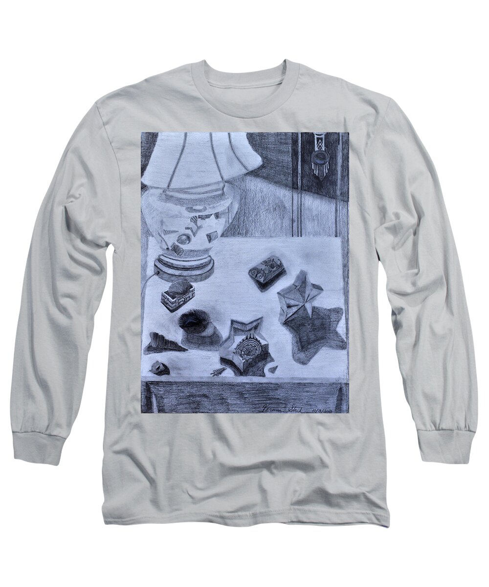 Lamp Long Sleeve T-Shirt featuring the drawing Reflections and Shadows Upon My Table by Verana Stark