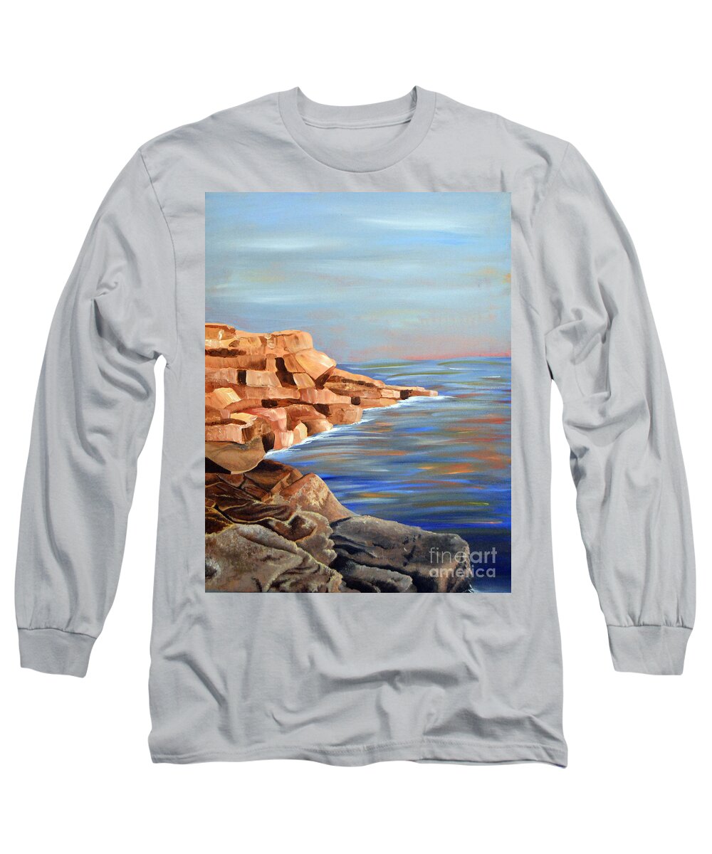 Rocks Long Sleeve T-Shirt featuring the painting Rocky Coast by Lynellen Nielsen
