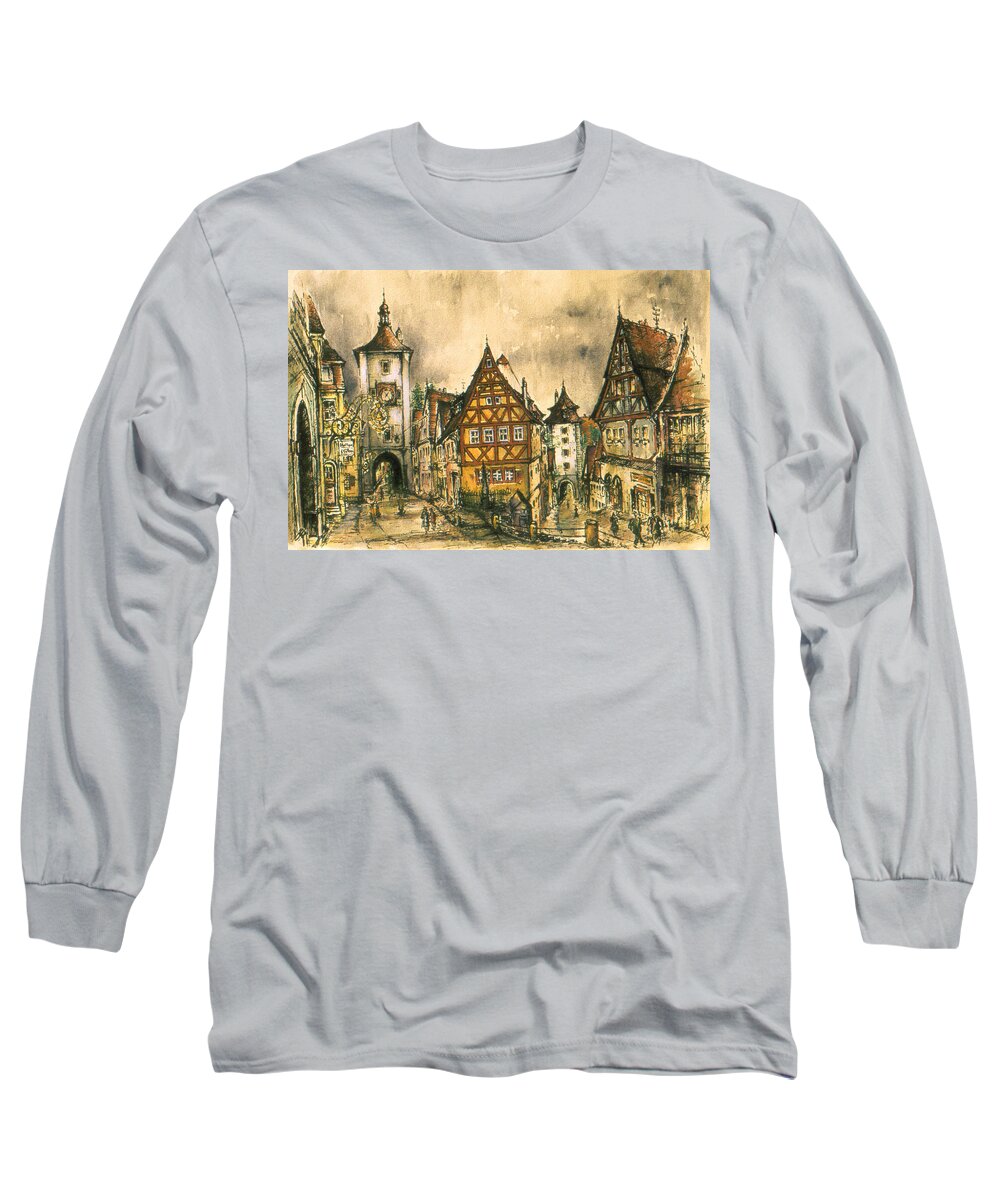 Art Long Sleeve T-Shirt featuring the painting Rothenburg Bavaria Germany - Romantic Watercolor by Peter Potter
