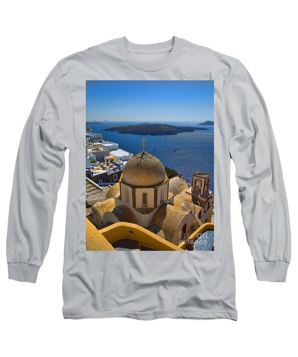 Santorini Long Sleeve T-Shirt featuring the photograph Santorini Caldera with Church and Thira Village by David Smith
