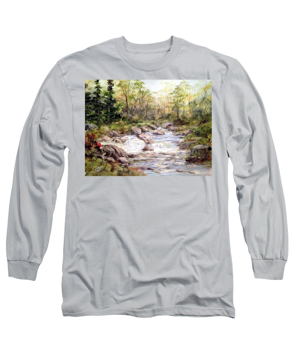 Falls Painting Long Sleeve T-Shirt featuring the painting Small Falls in the Forest by Dorothy Maier