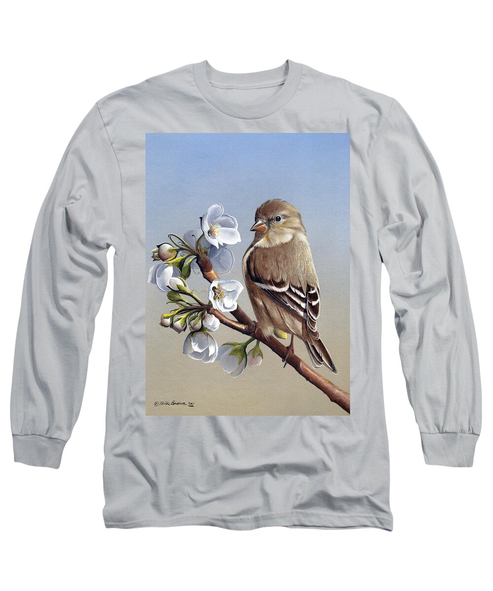 American Goldfinch Long Sleeve T-Shirt featuring the painting Spring Splendor by Mike Brown