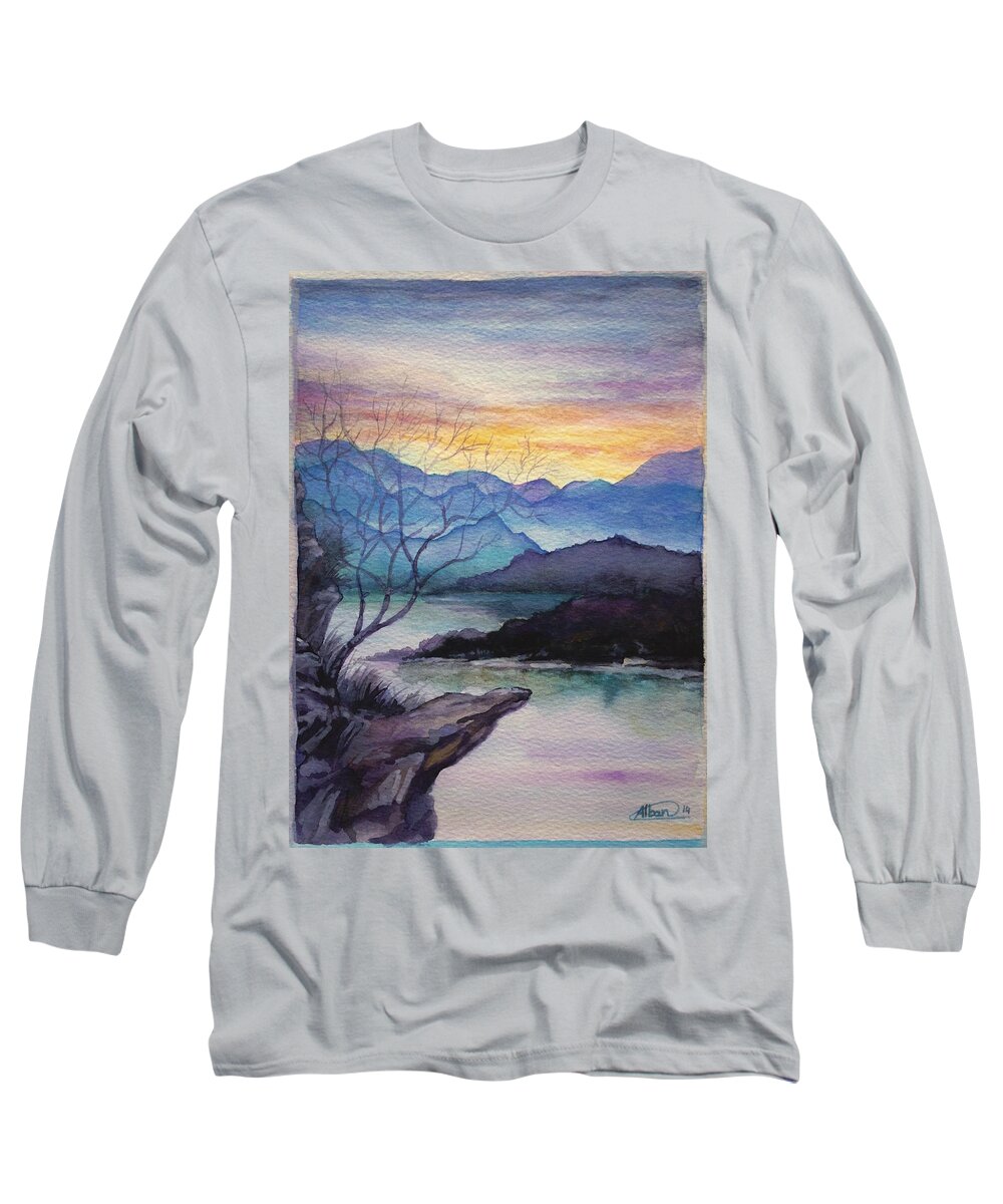 Sunset Long Sleeve T-Shirt featuring the painting Sunset Montains by Alban Dizdari