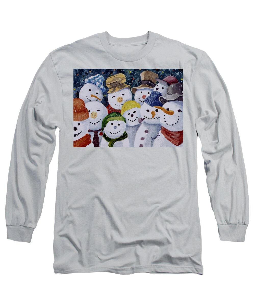 Snowmen Long Sleeve T-Shirt featuring the painting Ten Little Snowmen by Sam Sidders