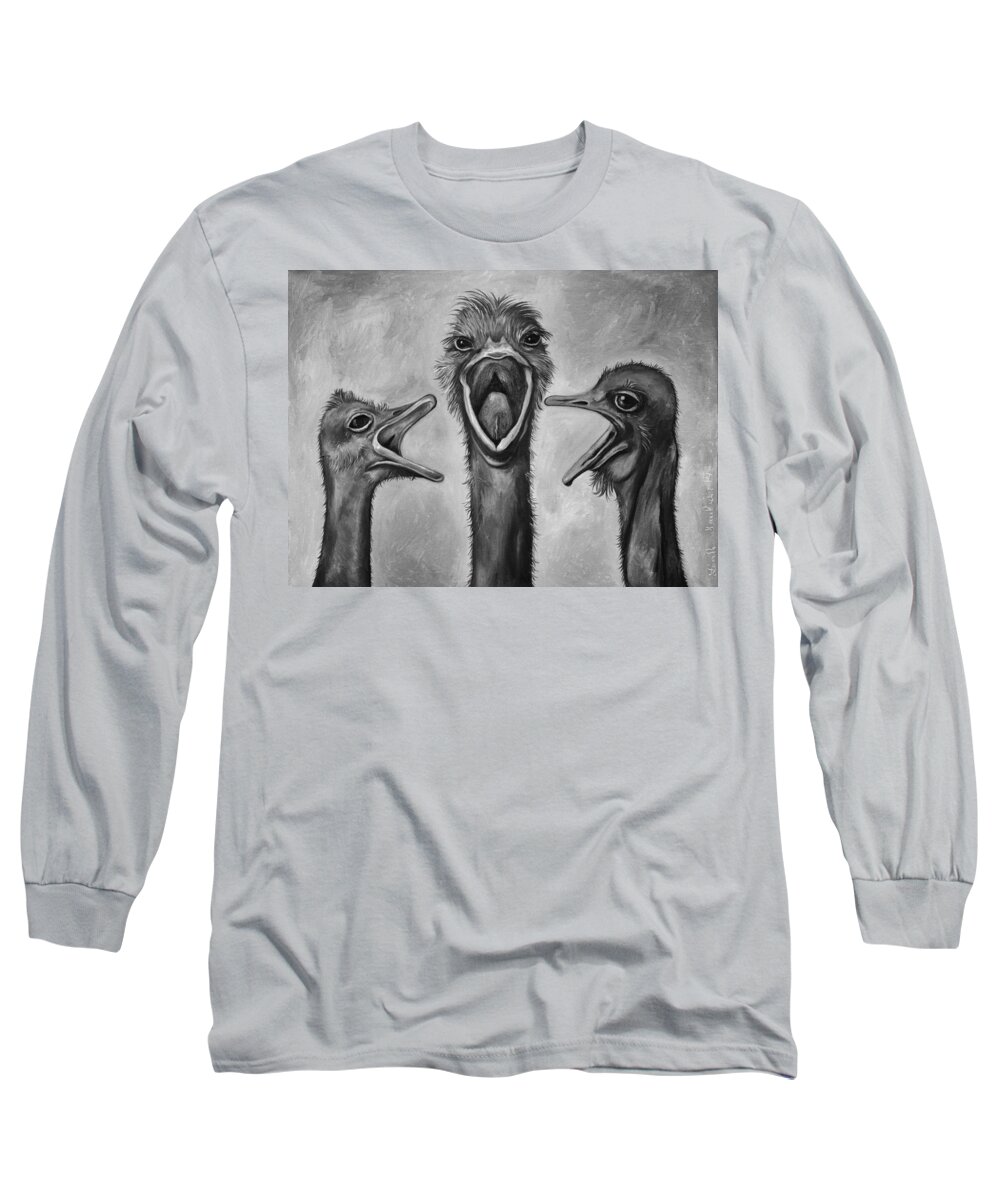 Ostrich Long Sleeve T-Shirt featuring the painting The 3 Tenors bw by Leah Saulnier The Painting Maniac