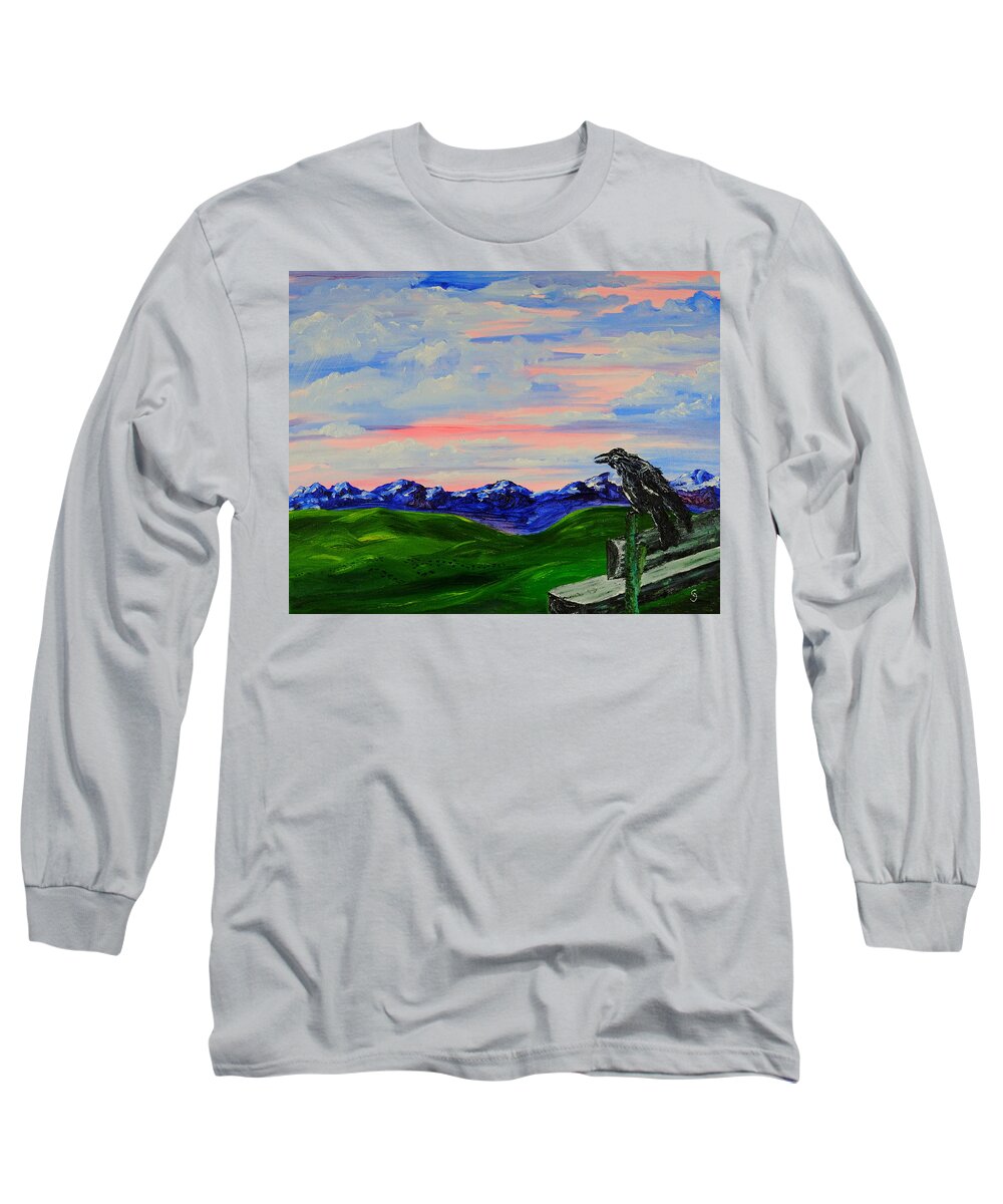 Crows Paintings Long Sleeve T-Shirt featuring the painting The Old Crow - Speaking Words of Wisdom by Cheryl Nancy Ann Gordon