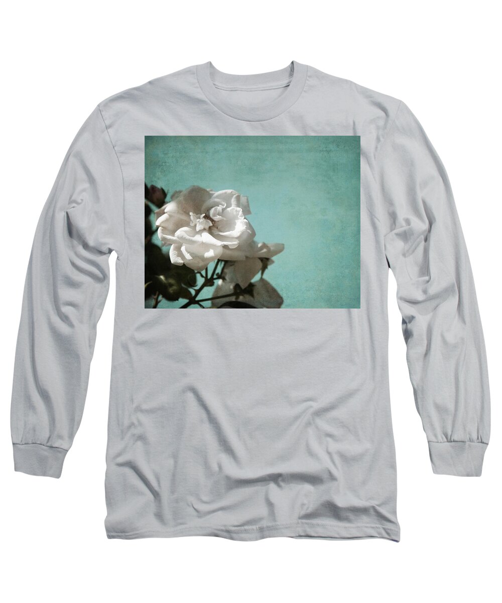 Floral Long Sleeve T-Shirt featuring the photograph Vintage Inspired White Roses on Aqua Blue Green - by Brooke T Ryan