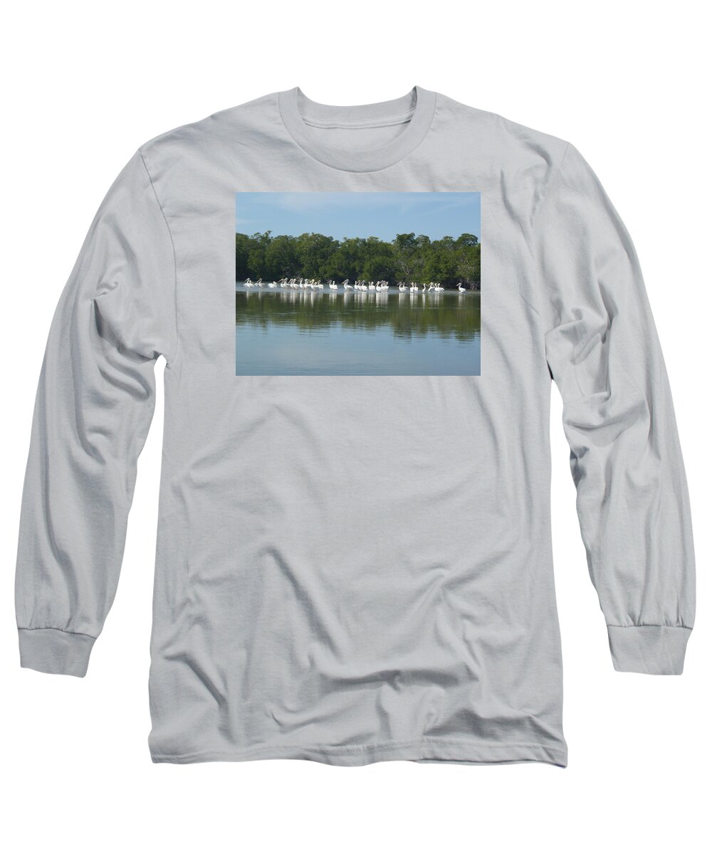 White Long Sleeve T-Shirt featuring the photograph White Pelicans by Robert Nickologianis