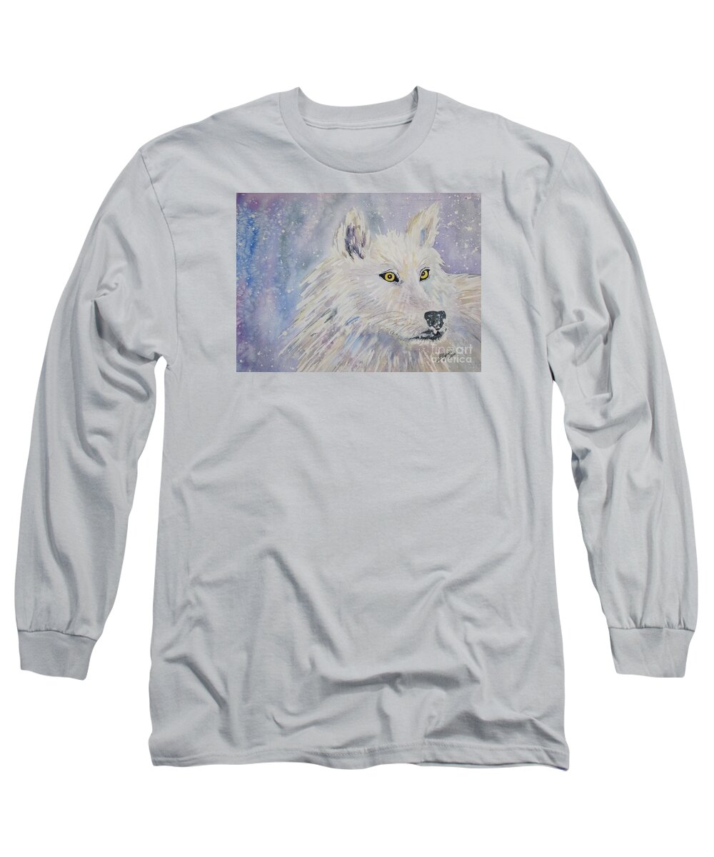 White Wolf Long Sleeve T-Shirt featuring the painting White Wolf of the North Winds by Ellen Levinson