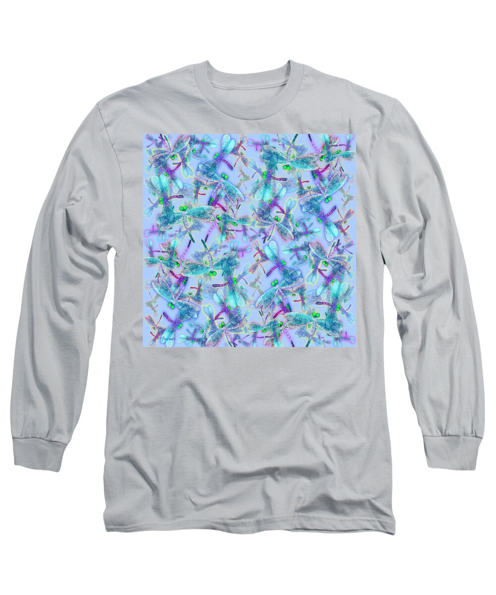  Dragonfly Long Sleeve T-Shirt featuring the painting Wings on Blue Duvet Cover by Teresa Ascone
