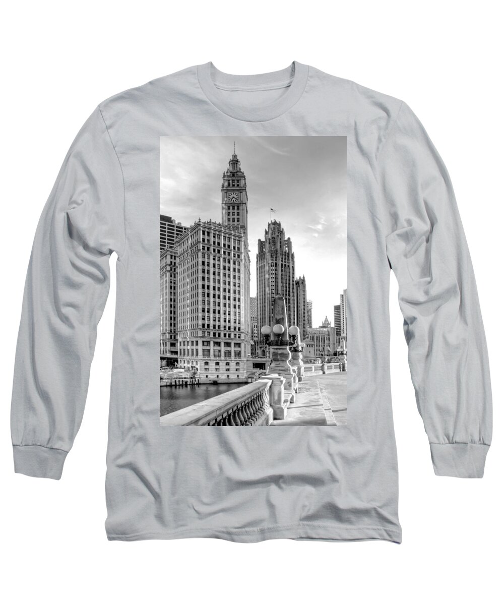 Architecture Long Sleeve T-Shirt featuring the photograph Wrigley and Tribune by Scott Norris