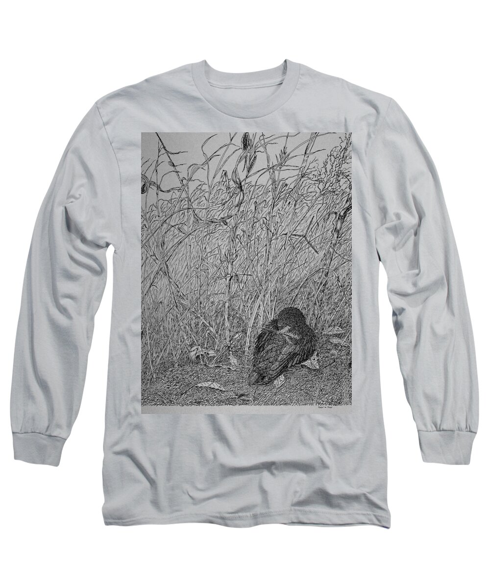 Pin And Ink Long Sleeve T-Shirt featuring the drawing Bird In Winter by Daniel Reed