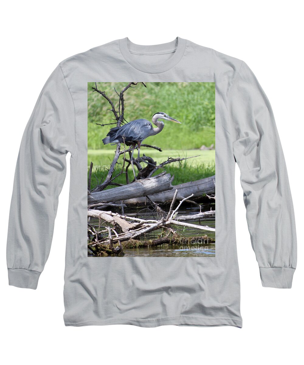 Blue Heron Long Sleeve T-Shirt featuring the photograph Blue Heron at the lake by Debbie Hart