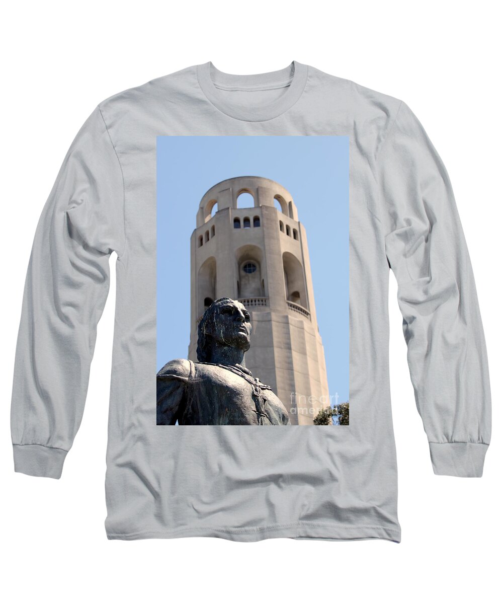 Monument Long Sleeve T-Shirt featuring the photograph Coit Tower Statue Columbus by Henrik Lehnerer