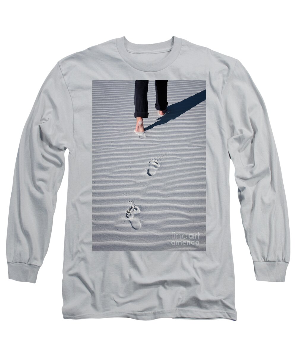 White Long Sleeve T-Shirt featuring the photograph Footprint on white sand by Olivier Steiner