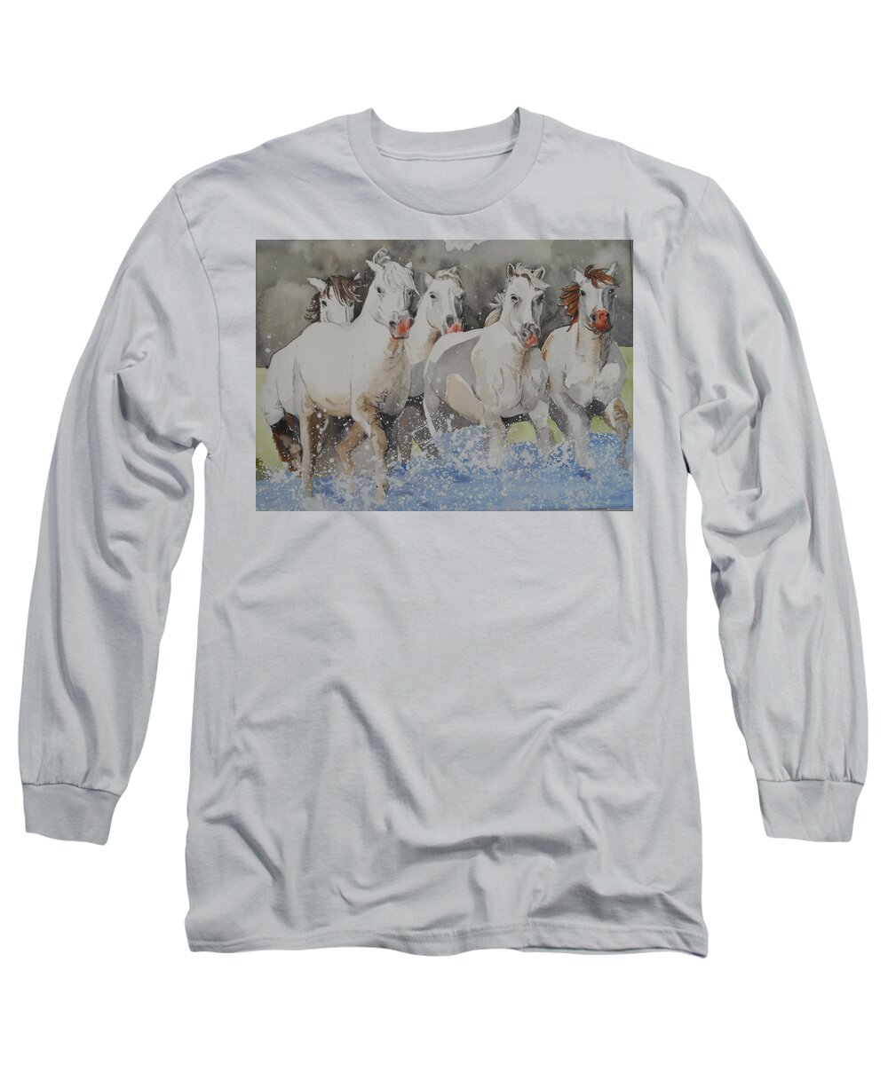 Horses Long Sleeve T-Shirt featuring the painting Horses thru water by Teresa Smith