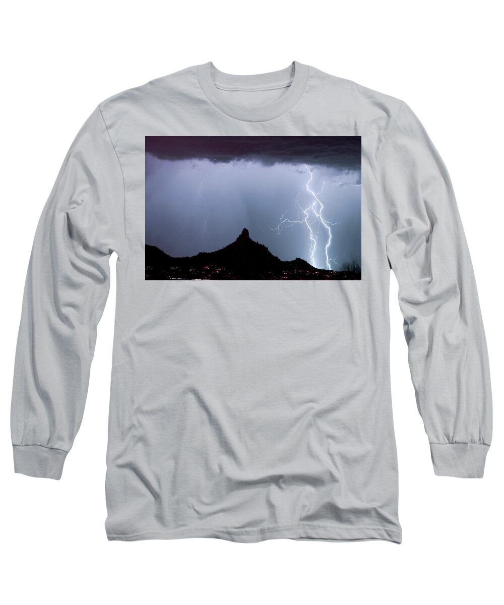 Pinnacle Peak Long Sleeve T-Shirt featuring the photograph Lightning Thunderstorm at Pinnacle Peak by James BO Insogna