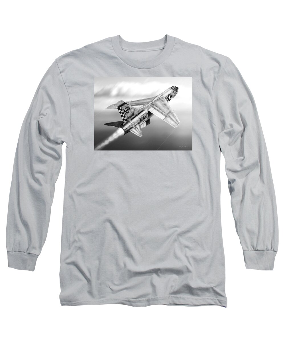 Navy Long Sleeve T-Shirt featuring the drawing F-8E Crusader Drawing by Douglas Castleman