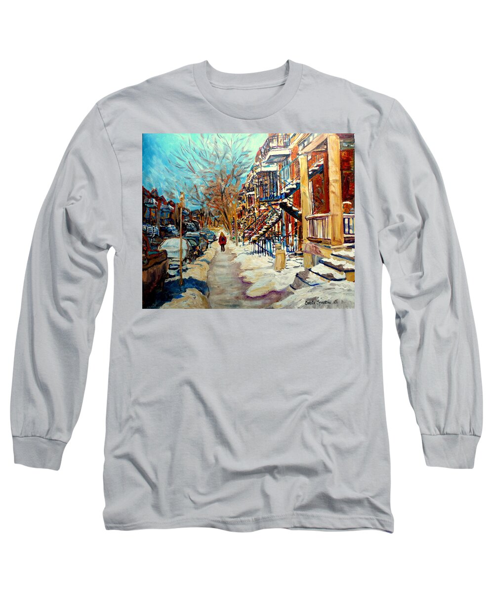 Montreal Long Sleeve T-Shirt featuring the painting Montreal Street In Winter #1 by Carole Spandau
