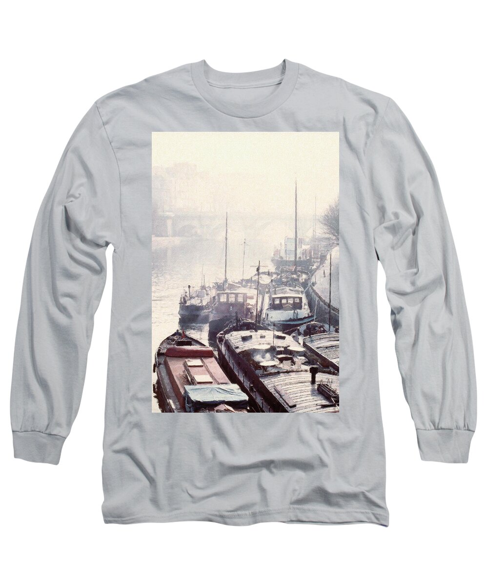 Seine Long Sleeve T-Shirt featuring the digital art Seine River Boats #2 by Julian Perry