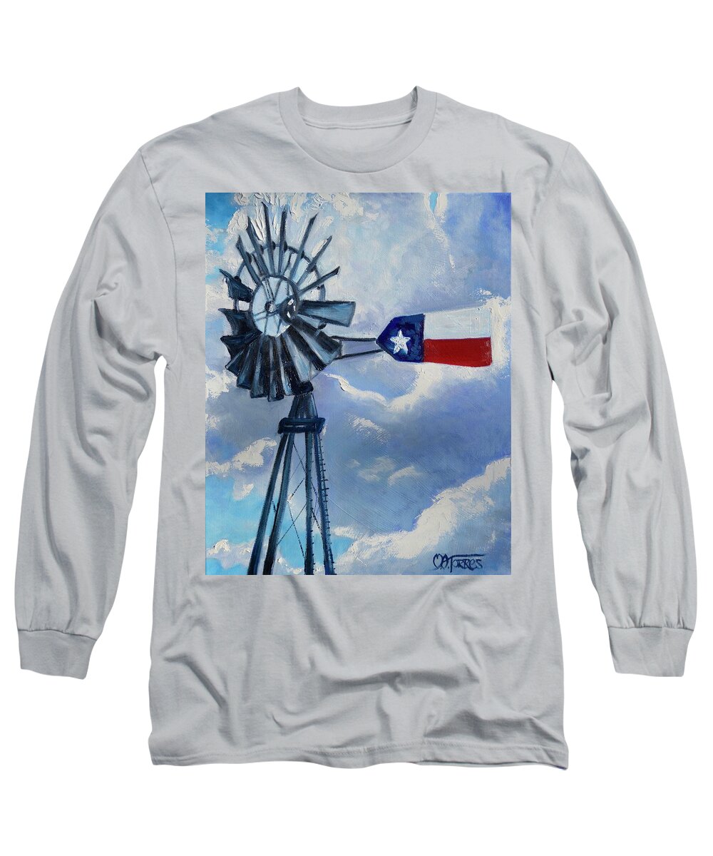 Windmill Long Sleeve T-Shirt featuring the painting Texas Windmill #2 by Melissa Torres