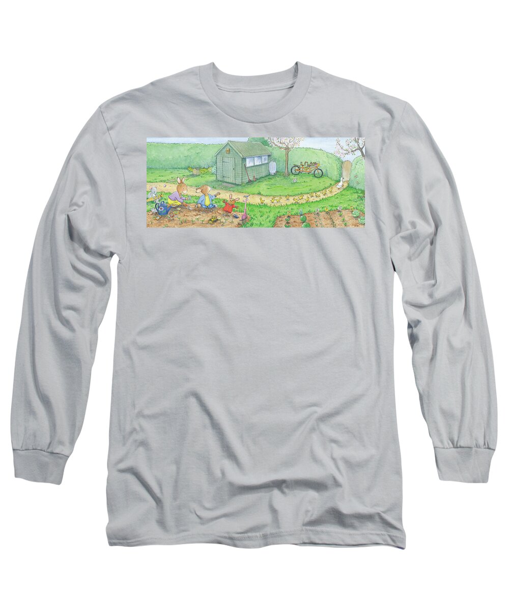 Breezy Bunnies Long Sleeve T-Shirt featuring the painting Planting a Vegetable Garden -- No Text by June Goulding